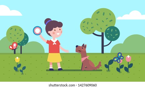 Pet owner girl holding ball and playing with dog on summer meadow. Kid having fun and playing with puppy friend. Smiling child cartoon character enjoying nature. Flat vector isolated illustration