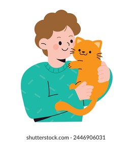 Pet and Owner hand drawn character vector. Person and cute animal design of man holding, hug cat, kitten. People with animal illustration for National pet day, Cat day print, clipart.