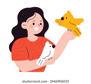 Pet and Owner hand drawn character vector. Person and cute animal design of woman holding birds, parrot, cockatiel, forpus. People with animal illustration for National pet day, print, clipart.