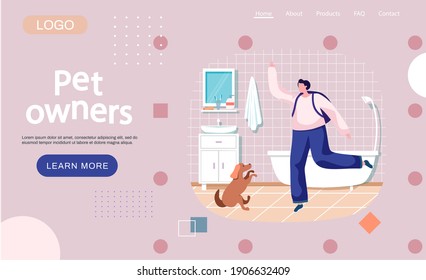 Pet owner happy woman playing with dog at home in bathroom, funny girl jumping training puppy, walking with her little friend. Female is having leisure spend time with domestic animal cute doggy