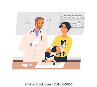 Pet owner holding cat in hands for vaccination in vet clinic. Animal and smiling veterinarian with syringe for vaccine shot in hospital. Flat vector illustration of people and kitty at doctor office