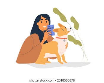 Pet owner holding vet or veterinary passport of her dog. Happy person with corgi doggy and document for traveling. Cute animal with ID. Flat vector illustration isolated on white background