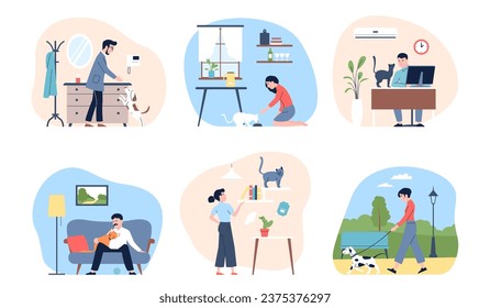 Pet owner at home and outdoor. People with cats and dogs, walking on nature, training and hugging. Animal care scenes recent flat vector graphic