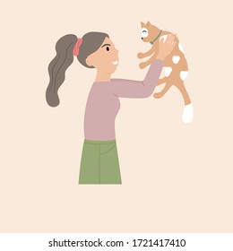 El propietario de una mascota aislado en un fondo de tono suave. la mujer sostiene al lindo gato en el pecho, cálidamente.  Retrato de feliz propietario de mascotas. Ilustración vectorial en un estilo plano. 