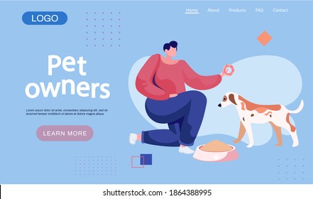 Pet owner landing page template. Happy woman feeding the dog food, funny girl training a puppy, walking with her little friend. Female is having leisure spend time with domestic animal cute doggy