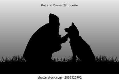 Pet and owner in landscape illustration. Dog and people isolated on white background. Vector graphic eps 10.