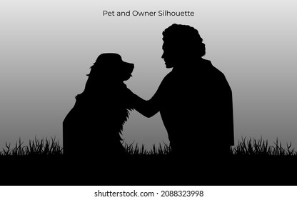 Pet and owner in landscape illustration. Dog and people isolated on white background. Vector graphic eps 10.