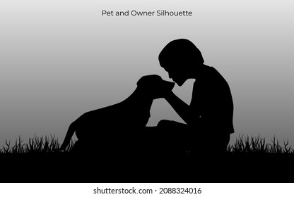 Pet and owner in landscape illustration. Dog and people isolated on white background. Vector graphic eps 10.