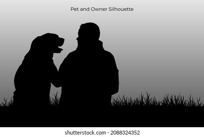 Pet and owner in landscape illustration. Dog and people isolated on white background. Vector graphic eps 10.