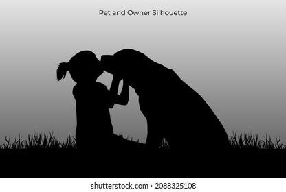 Pet and owner in landscape illustration. Dog and people isolated on white background. Vector graphic eps 10.