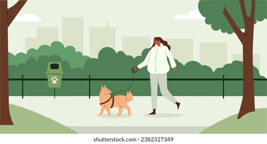 El propietario de una mascota lidera a un perro juguetón en la correa. Animales caninos afuera, entrenamiento obediente, caminatas sueltas por correa. Concepto de cuidado de cachorros. Ilustración vectorial plana