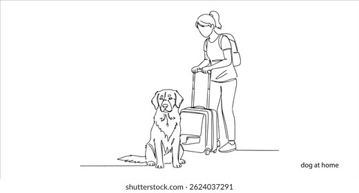 Pet owner leaving the dog at home alone while on vacation continuous single line art drawing sketch on white background
