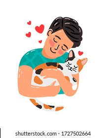 Pet owner man and cat. Boy hugging little kitten vector icon isolated on white background