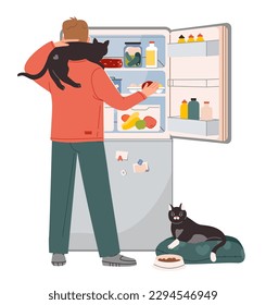 Pet owner. The man opened the fridge with food and feeds the cats. Hungry man checking refrigerator with food. Flat vector illustration.