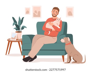 Pet owner. A man is sitting on a chair and hugging a cat. A cat and a dog are resting with their owner. Flat vector illustration.
