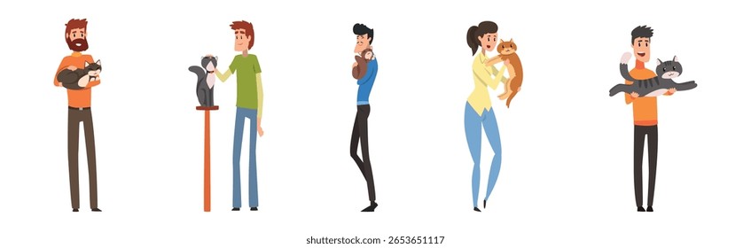 Personagem Homem e Mulher Proprietário do Animal de Estimação com Seu Conjunto Vetor Animal