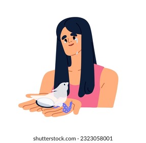 Pet owner missing departed dead parrot. Sad upset crying mourning woman remembering, reminding lost bird soul, feeling misery, grief. Flat graphic vector illustration isolated on white background