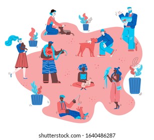 Pet owner people in outdoor park - flat cartoon poster