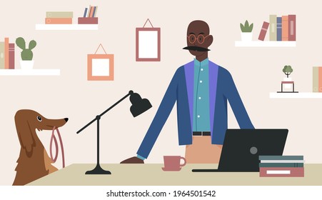 Pet owner people and own animals vector illustration. Cartoon cute playful dog holding leash in mouth and ready to go for play, asking for walk from business man character working at home background