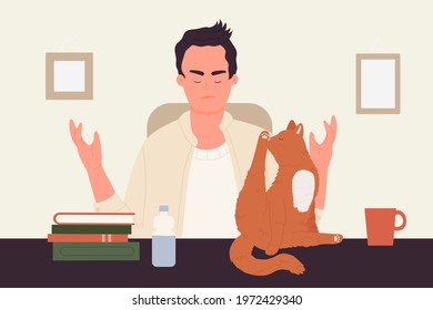 Pet owner people and own animals vector illustration. Cartoon cat washing licking, young man character scolding funny cute kitty trying to lick leg, sitting on table in home room interior background