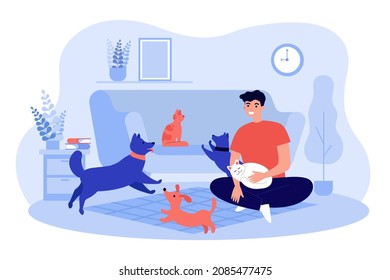 Pet owner playing with cats and dogs in home apartment. Man with many happy domestic animals flat vector illustration. Friendship, love for pet concept for banner, website design or landing web page