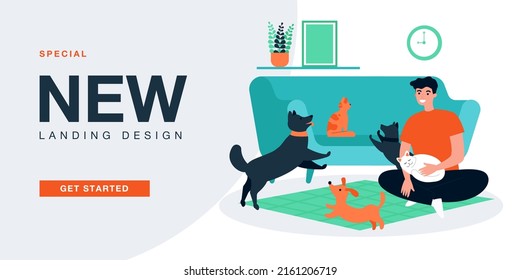Pet owner playing with cats and dogs in home apartment. Man with many happy domestic animals flat vector illustration. Friendship, love for pet concept for banner, website design or landing web page