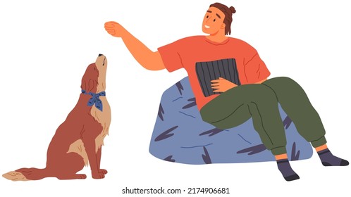 Pet owner plays with dog. Caring for animals, joint pastime with pets concept. Happy guy with puppy, domestic animal companion at home. Male character training doggy. Man spends time with dog