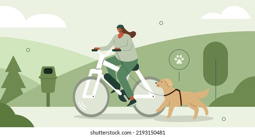 
Pet owner or sitter biking with dog on the leash in city park. Pet care and dog activity concept. Vector illustration.
