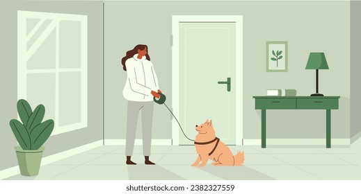 Pet owner or sitter and dog on the leash preparing to walk outside. Canine animal care concept. Flat vector illustration 
