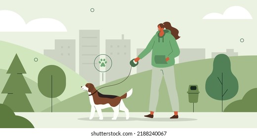 Pet owner or sitter walking with dog on the leash in city park. Pet care concept. Vector illustration.
