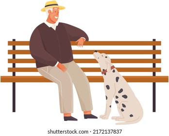 Pet owner sitting on bench with dalmatian dog. Caring for animals, joint pastime with pets concept. Elderly man with domestic animal in park. Retired male character spends time with puppy outdoor