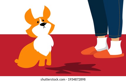 Pet Owner Standing Next To A Guilty Looking Dog Who Made A Stain On A Carpet, EPS 8 Vector Illustration