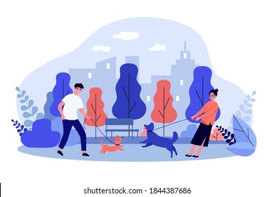Pet owner trying to hold their dogs. Park, dachshund, hound flat illustration. Animal and weekend concept for banner, website design or landing web page