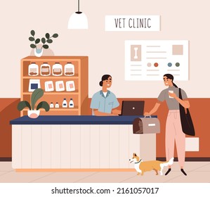 Pet owner at vet clinics reception desk. Woman client, dog and cat patients at counter of veterinary hospitals lobby. Person with animals visiting veterinarians office. Flat vector illustration