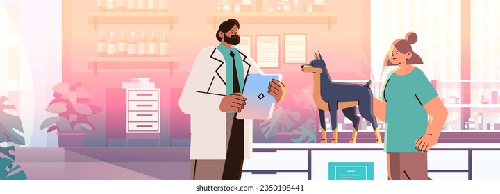 pet owner visiting veterinarian doctor checking up dog health medicine animal health care examination