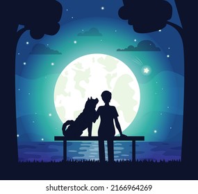 Pet owner walking with cute dog at night. Caring for animals, joint pastime with pets concept. Guy with puppy, domestic animal companion on background of moon. Silhouette of man and dog in park