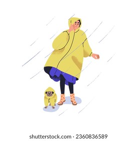 Pet owner walking with cute dog in rain. Woman and funny puppy in raincoats in rainy weather. Person and doggy in shower, under raindrops. Flat graphic vector illustration isolated on white background
