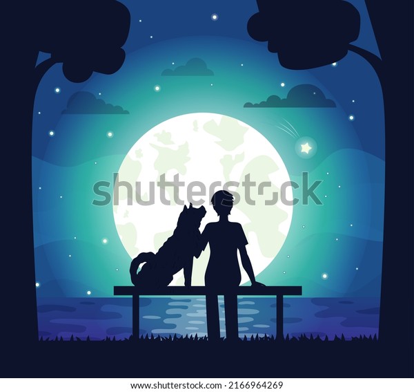 Pet owner walking with cute dog at night. Caring for\
animals, joint pastime with pets concept. Guy with puppy, domestic\
animal companion on background of moon. Silhouette of man and dog\
in park