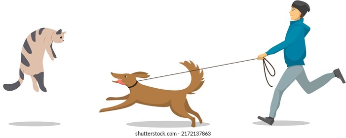 Pet owner walking with dog. Caring for animals, joint pastime with pets concept. Guy with puppy, domestic animal running after cat. Male character spending time with dog outdoor vector illustration