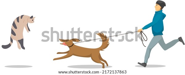 Pet owner walking with dog. Caring for\
animals, joint pastime with pets concept. Guy with puppy, domestic\
animal running after cat. Male character spending time with dog\
outdoor vector\
illustration