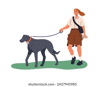 Pet owner walking with dog, leading big doggy on leash. Canine animal walker, woman strolling outdoors with puppy of Scottish deerhound breed. Flat vector illustration isolated on white background