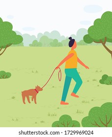 Pet owner walking dog on leash in summer park. Summertime forest with trees and greenery. Sunny day weekends. Lady with canine animal outdoors. Strolling character in woods with doggy vector