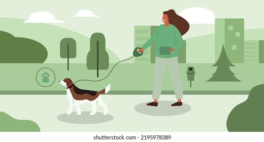 Pet owner walking with dog on the leash in city park. Pet care concept. Vector illustration.