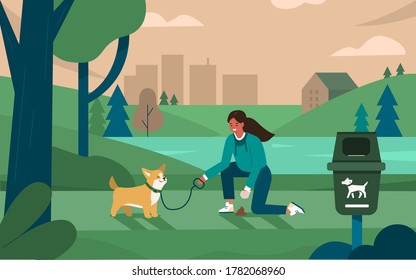 Pet Owner Walking with Dog in Park and Gathering Excrement in Special Bag. Woman Cleaning Up after Dog and Picking Up Waste in Public Waste Station. Flat Cartoon Vector Illustration. 