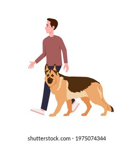 Pet owner walks with his shepherd dog. Caring for a pet. Vector illustration  isolated on white background