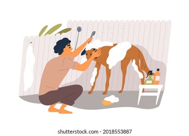 Pet owner washing dog with soap and shampoo, cleaning hairs. Person grooming his doggy. Canine animal's fur in foam at hygienic procedure. Flat vector illustration isolated on white background