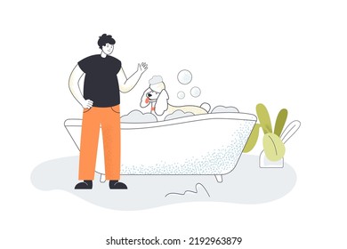 Pet Owner Washing Funny Dirty Dog In Bathroom. Man Taking Care Puppy Sitting In Bath Tub With Soap Foam Flat Vector Illustration. Animal Hygiene Concept For Banner, Website Design Or Landing Web