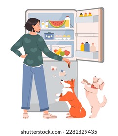 Pet owner. The woman opened the fridge with food and feeds the pets. Hungry woman checking refrigerator with food. Treats for dogs. Flat vector illustration.