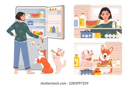 Pet owner. The woman opened the fridge with food and feeds the pets. Hungry woman checking refrigerator with food. Dogs choose food in the refrigerator. Flat vector illustration.