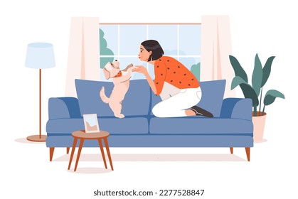 Pet owner. A woman is playing with a dog on the sofa. Relaxing with a pet. Flat vector illustration. - Shutterstock ID 2277528847